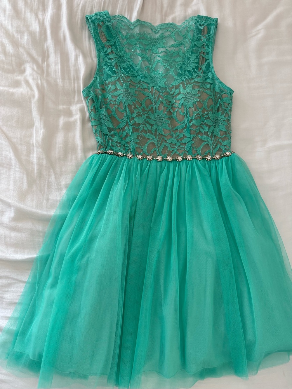 Teal Lace Bodice Tulle Dress with Jewel Waist